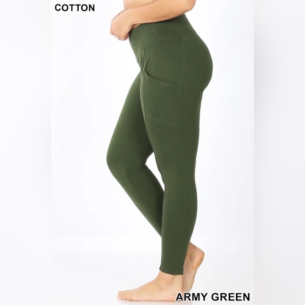 Army Green Plus Size Cotton Waistband Leggings with Pockets